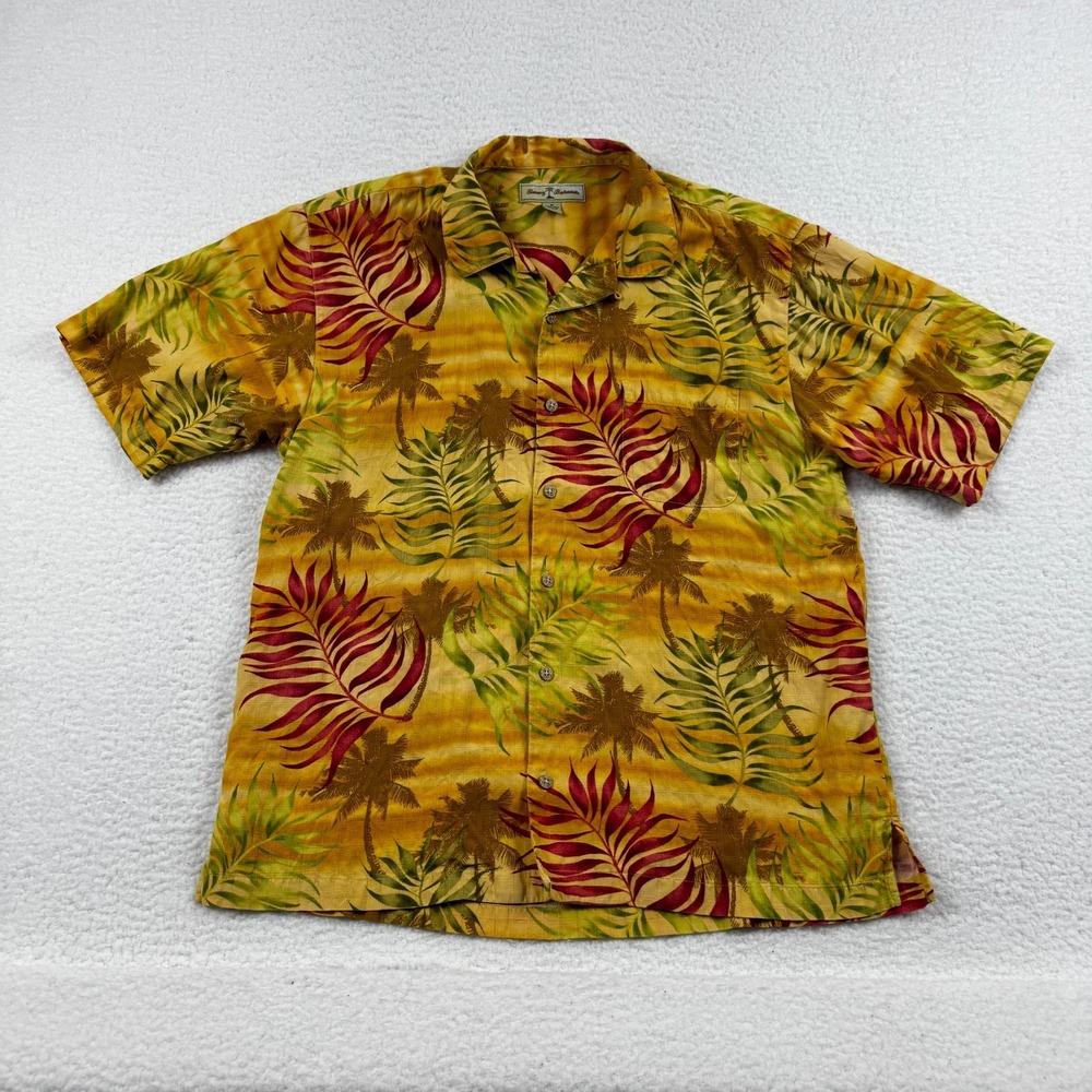 Tommy Bahama Camp Shirt Mens Medium Yellow Orange Silk Leaf Print Button Up